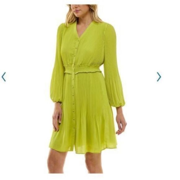 Nanette Lepore Women’s Size 14 Long Sleeve Pleated Button Up Dress Green - Picture 4 of 16